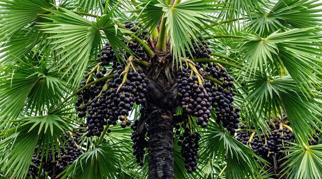 Close-up of a borassus flabellifer palm tree featuring large, dark purple fruit clusters hanging from the center, surrounded by vibrant green, fan-shaped palm fronds