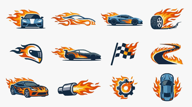 Elegant Illustrations of High Speed Cars and Racing Elements Wrapped in Dynamic Orange and Blue Flames