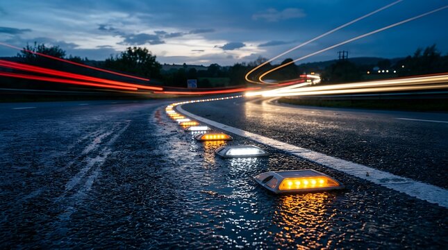 Night road traffic light trails on a wet highway with reflective safety studs during dusk reflective vehicles transport twilight landscape infrastructure illumination direction destination