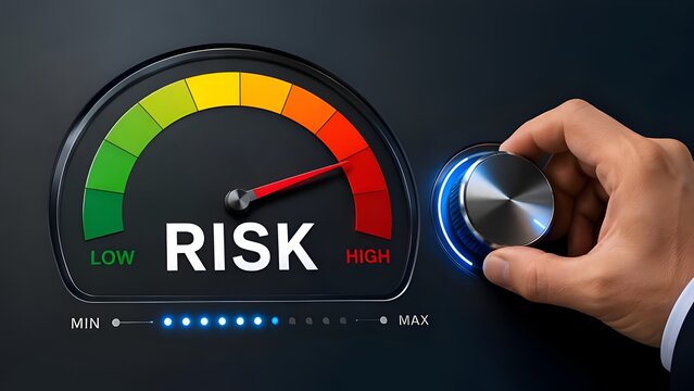 Hand turning a knob to increase the risk level on a gauge meter to high representing aggressive business investment strategy and danger