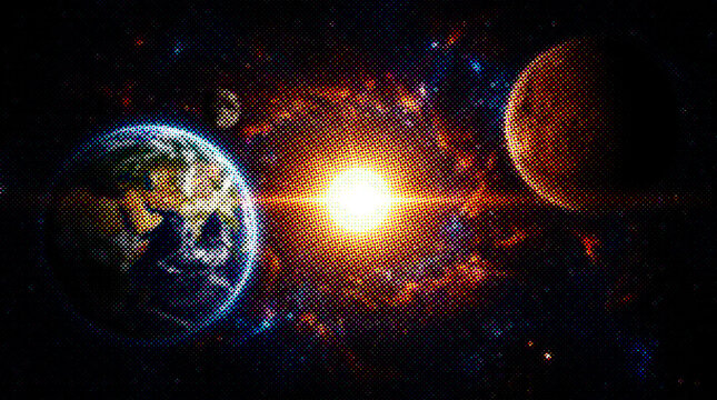 Conceptual illustration of earth and mars orbiting a bright star in deep space, representing planetary exploration and the vastness of the cosmos with halftone texture