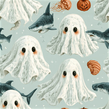 Adorable ghost pattern with white ghosts, sharks, pumpkin, and jellyfish creating playful and spooky underwater Halloween scene
