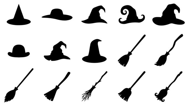 Set of witch hats and broomsticks silhouettes vector illustration