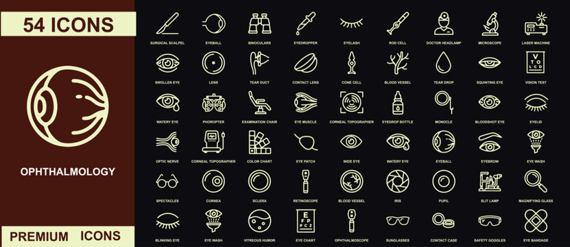 Comprehensive set of fifty four ophthalmology and eye care line on a dark background, with an eye