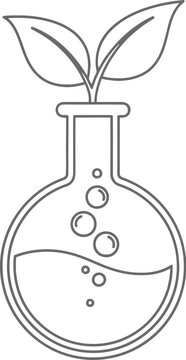 Minimalist biotechnology line icon, laboratory flask with growing plant leaves, eco-friendly science research vector illustration