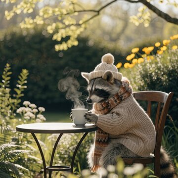 Cozy raccoon in knitted sweater enjoys warm drink at outdoor caf&eacute; surrounded by nature