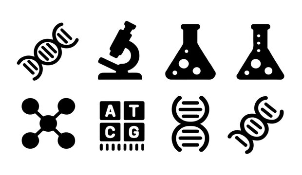 Laboratory biology icons containing dna strands microscope flasks and molecular code for science projects.