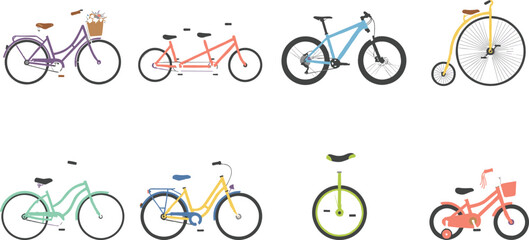 Set of various bicycle vector icons including mountain bike tandem city cycle unicycle and classic high wheeler © MdJulfikar