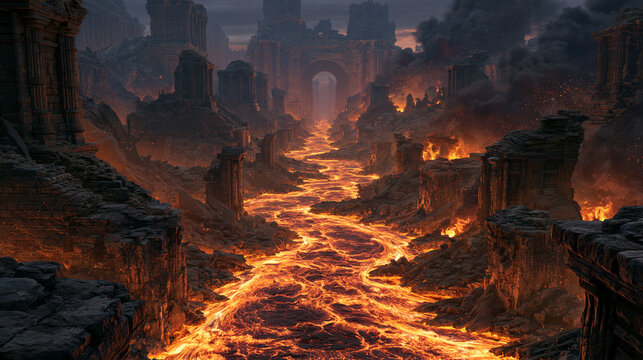 Molten lava river flowing through destroyed ancient stone city ruins with fire flames and dark smoke during volcanic catastrophe concept.
