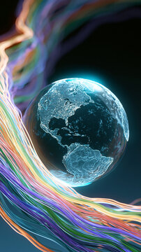 The digital world floats amidst flowing rainbow colored fibers, symbolizing the concept of a dynamic global communication network.