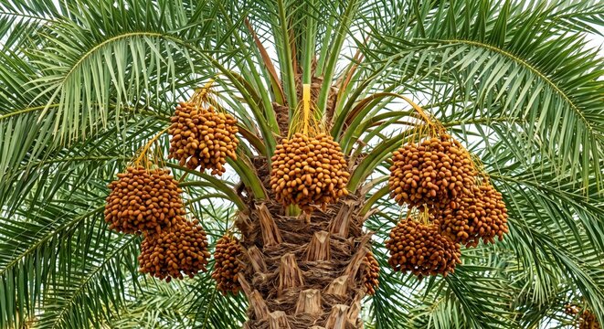 Close-up of a date palm tree featuring multiple heavy clusters of ripening orange-brown dates hanging from the textured, fibrous trunk amidst long, green, feathery palm fronds