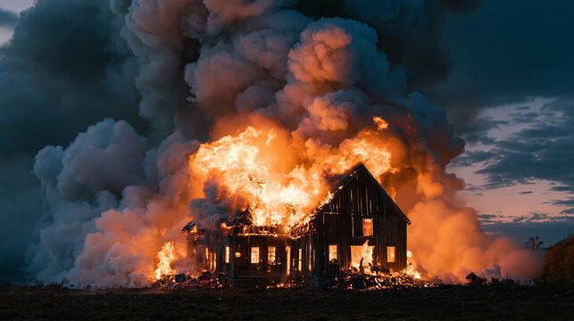 Wooden house was severely damaged by the raging flames, with thick black smoke billowing up into the night.