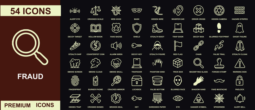 Set of fifty four fraud and cyber security outline on a dark background, with magnifying glass symbol