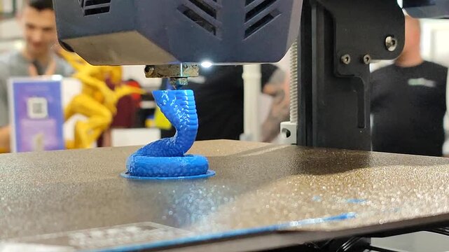Process printing on 3D printer. The 3D printing process from molten plastic blue color. 3D printing technology. FDM technologies. Fused Deposition Modeling. Additive manufacturing.