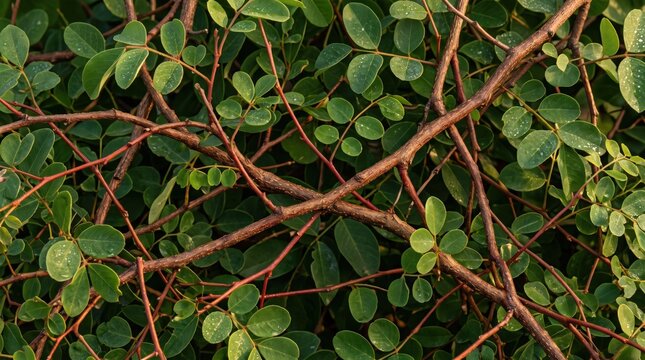 Close-up of a dense thicket of green, rounded leaves on thin, brown, interlacing woody branches, creating a natural, layered botanical texture and pattern