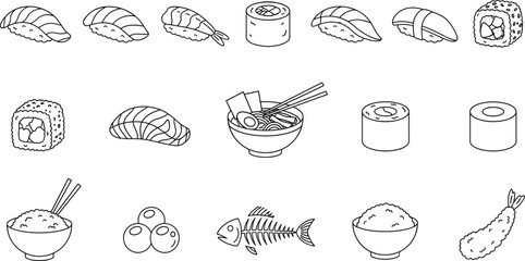 Japanese sushi and asian food line art vector icon set with nigiri maki ramen noodles rice bowls and tempura shrimp © Md