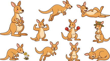 Fototapeta premium Cute Kangaroo Character Asset Set with Various Poses and Actions Including Joey in Pouch Boxing Muscle and Jumping for Australian Wildlife Graphic Designs