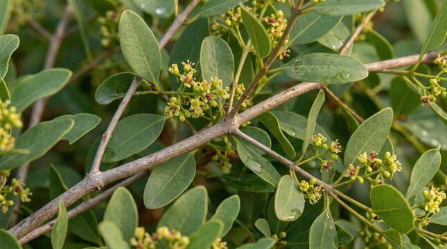 Close-up of a green shrub branch with small, yellow, star-shaped flowers and oval-shaped leaves, featuring thin woody stems and soft natural lighting in an outdoor setting