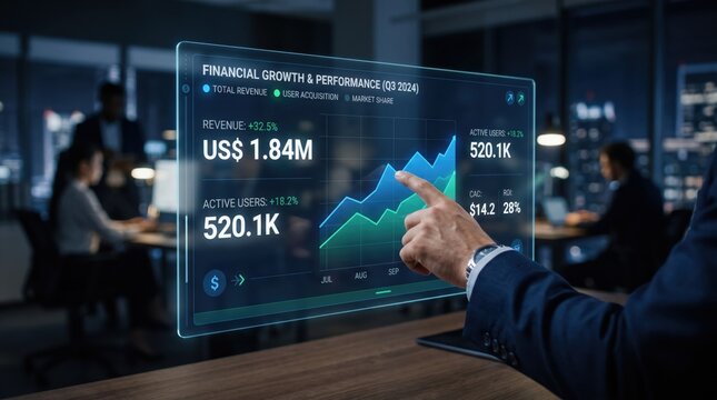 Businessman pointing at floating holographic financial growth chart showing revenue and user metrics in modern office, illustrating corporate success, data analytics
