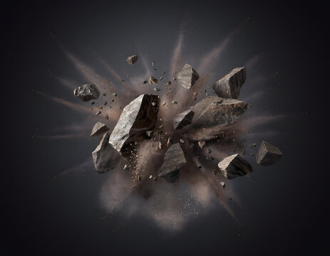 Exploding stone fragments with dust on dark background, shattered rock pieces flying in motion, dramatic stone explosion with debris and smoke, cinematic mineral blast for action and power