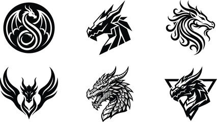 Fototapeta premium Black dragon head silhouette vector bundle collection with mythical monster icons for gaming logo emblem tattoo and mascot design