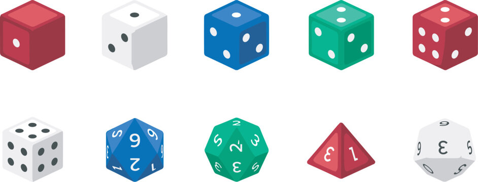 Vector icon set of colorful gaming dice collection including traditional six sided cubes polyhedral roleplaying dnd shapes d4 d10 d12 d20 isolated on white background
