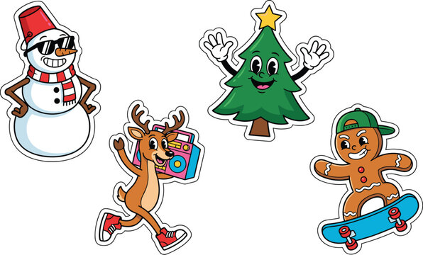 Christmas holiday sticker pack vector in vintage retro cartoon style featuring cool snowman reindeer with boombox pine tree and skateboarding gingerbread man