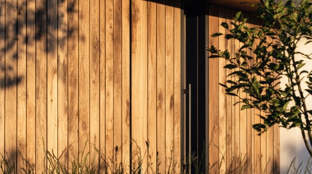 Garden Studio Wooden sliding door with vertical planks, sunlight casting shadows, and a leafy plant on the right side.