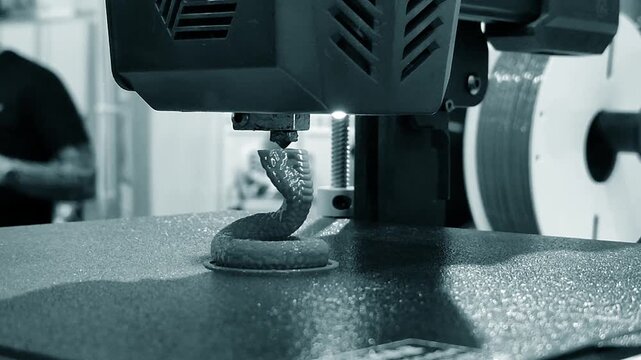 Process printing on 3D printer. The 3D printing process from molten plastic blue color. 3D printing technology. FDM technologies. Fused Deposition Modeling. Additive manufacturing.