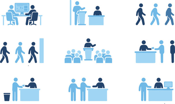 Corporate business meeting conference and office workflow pictogram icon set vector illustration featuring presentation training team interview and client reception desks