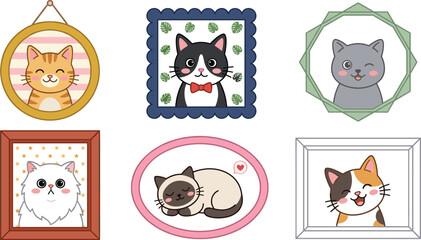 Fototapeta premium Cute cartoon cat portrait vector set featuring adorable kitten characters in various hanging picture frames including siamese calico and tuxedo breeds