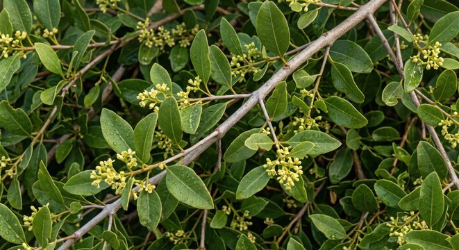 Close-up of a dense privet shrub featuring small, light yellow flower clusters and dark green, oval-shaped leaves on thin, woody branches in a natural outdoor setting