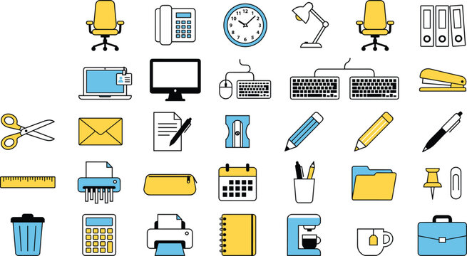 Corporate office supplies and business stationery line icon mega set vector illustration with flat yellow and blue color palette isolated on white background