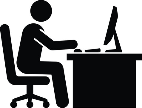 Corporate office worker silhouette vector illustration featuring a businessman sitting at a desk typing on computer isolated on white background