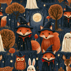 Naklejka premium Adorable woodland Halloween pattern with foxes dressed as witches under full moon in dark forest