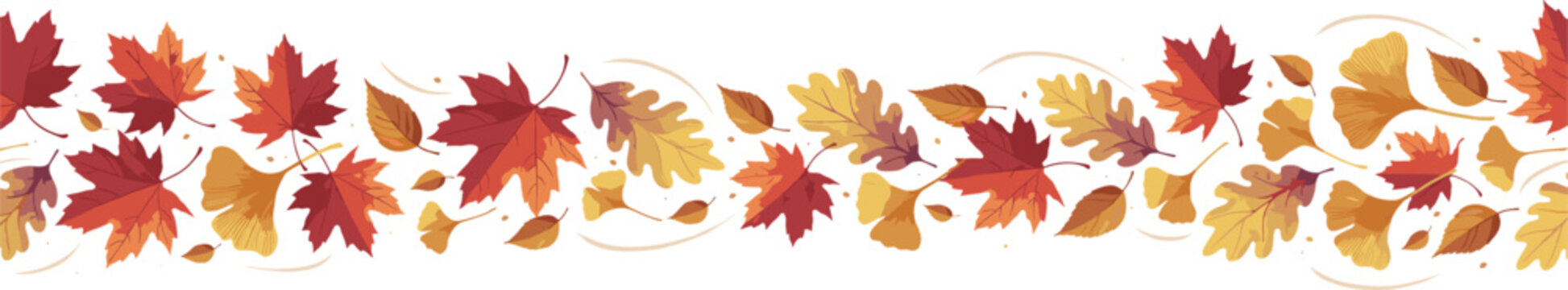 Autumn Falling Leaves Seamless Horizontal Border Vector Graphic with Colorful Maple, Oak, and Ginkgo Foliage for Thanksgiving and Seasonal Harvest Banner Designs
