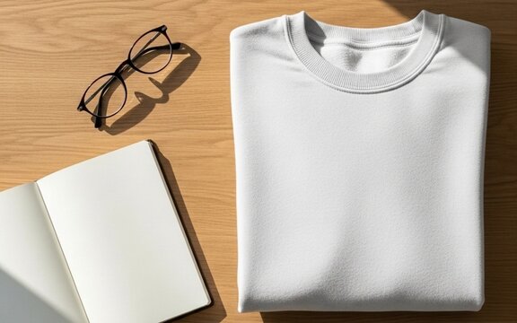 Sweatshirt Mock up with Open Blank Notebook and Eyeglasses on a Wooden Table