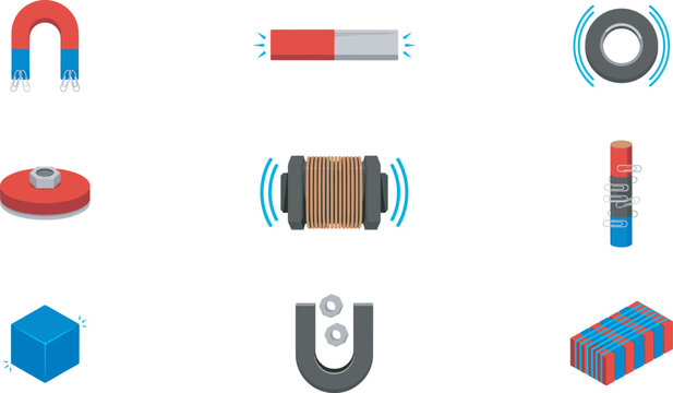 Vector icon set of different types of permanent magnets electromagnets and magnetic fields including horseshoe bar ring disc and coil components isolated on white background