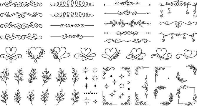 Vintage calligraphic divider line ornament vector mega set with ornate text separators floral dividers hearts and corner borders