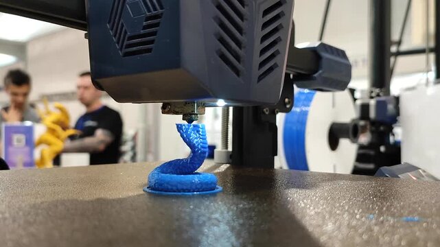 Process printing on 3D printer. The 3D printing process from molten plastic blue color. 3D printing technology. FDM technologies. Fused Deposition Modeling. Additive manufacturing.