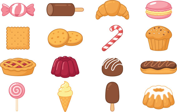 Sweet dessert and bakery colorful vector icons set featuring candy cookie macaron muffin pie chocolate donut and ice cream isolated on white background