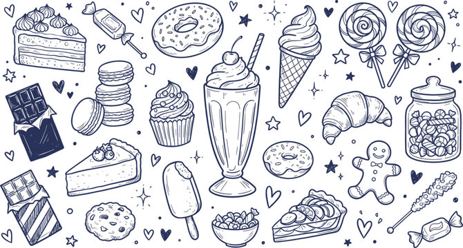 Sweet dessert and bakery hand drawn blue ink doodle vector icons set with milkshake cake donut lollipops macarons croissant and candy isolated on white background
