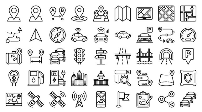 Car GPS Navigation and Geolocation Outline Icon Collection Featuring Map Pins, Vehicle Tracking, Routes, City Maps, Traffic, and Travel