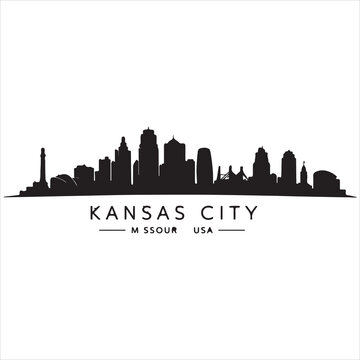 Minimalist black and white graphic illustration of the kansas city missouri skyline presented as a clean city silhouette