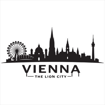 Minimalist graphic design featuring the iconic landmarks of the austrian capital city in a black and white silhouette