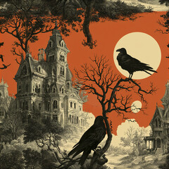 Naklejka premium Haunted estate with ravens and bare trees under full moon in vintage Halloween style