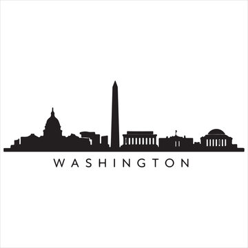 Minimalist graphic design featuring the famous landmarks of washington dc in a clean black and white silhouette