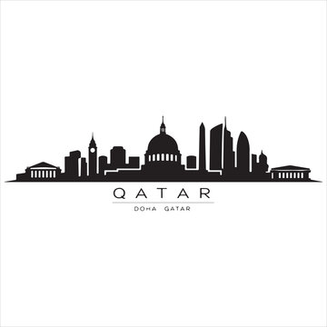 Minimalist graphic design featuring the iconic doha qatar city skyline depicted as a clean black and white silhouette
