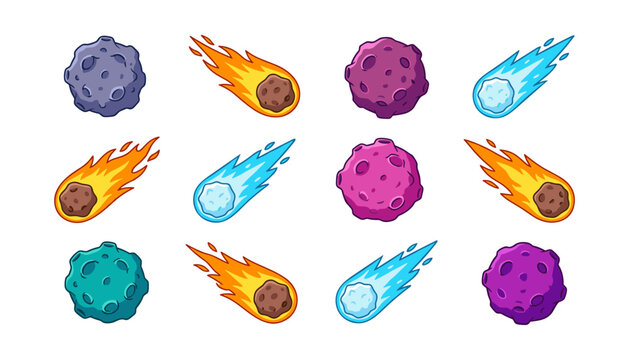 Cartoon cosmic asteroids and burning comets vector icon set