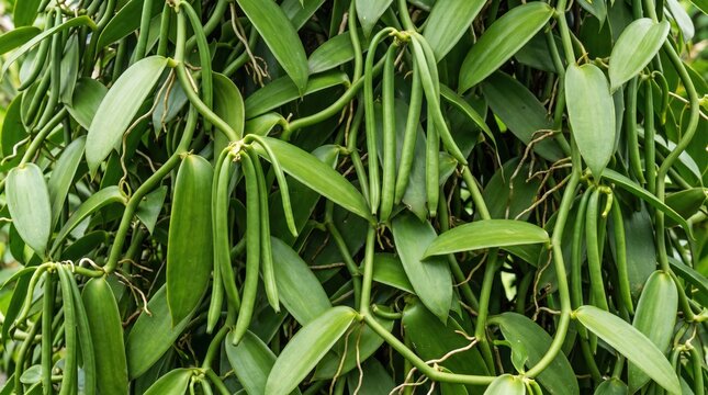 Close-up of a lush vanilla orchid plant with long green pods hanging from thick stems, dense foliage of waxy leaves, and tangled climbing vines in a tropical agricultural plantation setting
